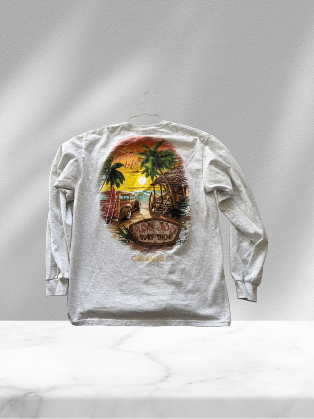 Men's Ron Jon Long-Sleeve Crewneck Shirt - Light Gray with Chest Patch